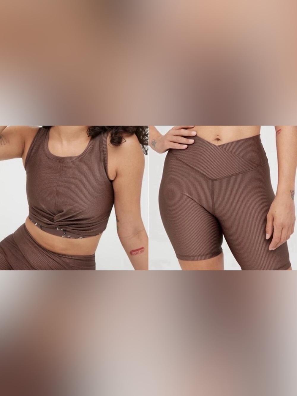 Aerie Offline Ribbed Shine Crossover Biker Shorts Tank Top Set Brown Size Medium